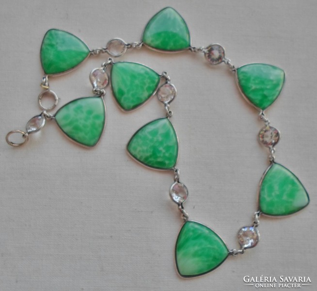Rare antique jade, rhinestone art deco silver necklace