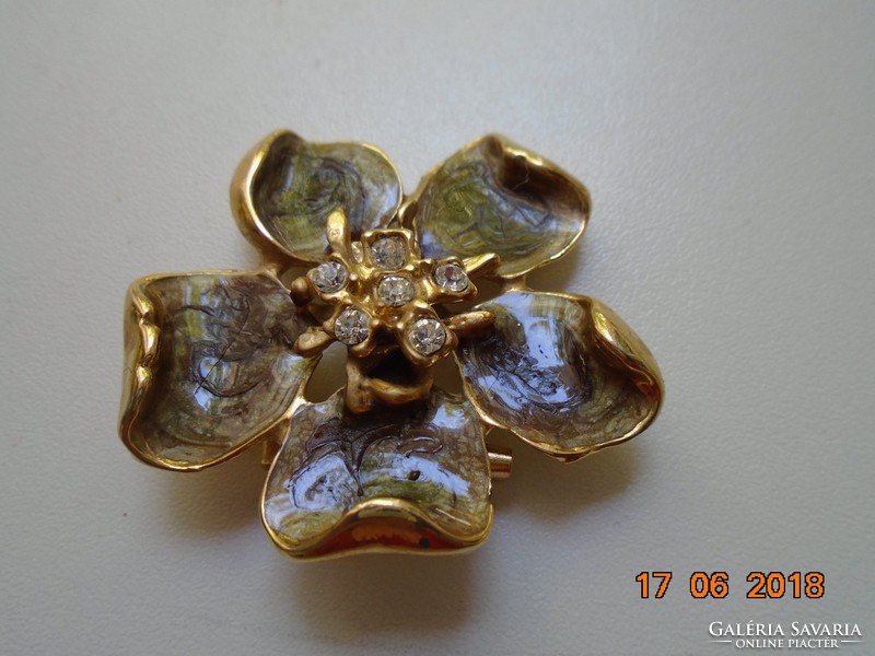 Fire-gilt enamel flower vintage brooch with marcasite