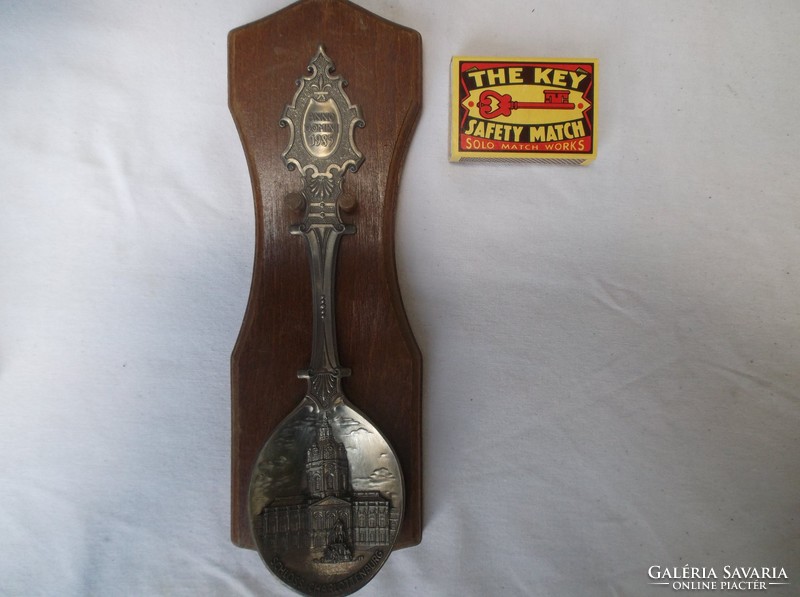 Spoon - 23 x 12 cm - on hardwood holder - pewter spoon, with crab stamp, - German