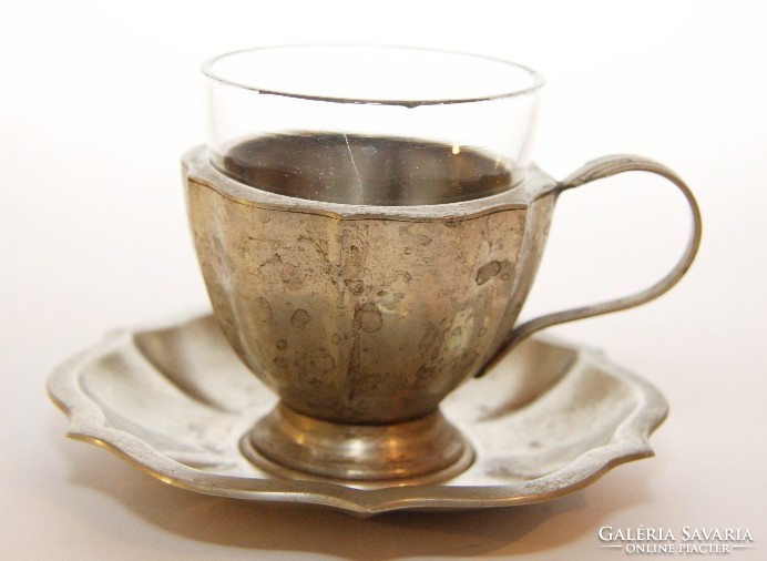 Art deco ezüstözött fém  kávés csésze. üveg betéttel hibátlan 1920 körül 