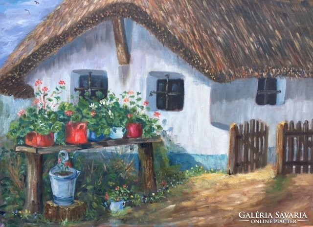 Original oil painting from Szentendre, by a contemporary artist, Sándor Mezei: the front of the house - original oilpainting