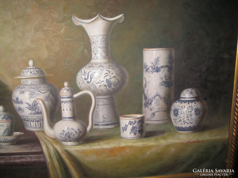 Still life, with porcelain, painting oil on canvas, s. Stone with sign