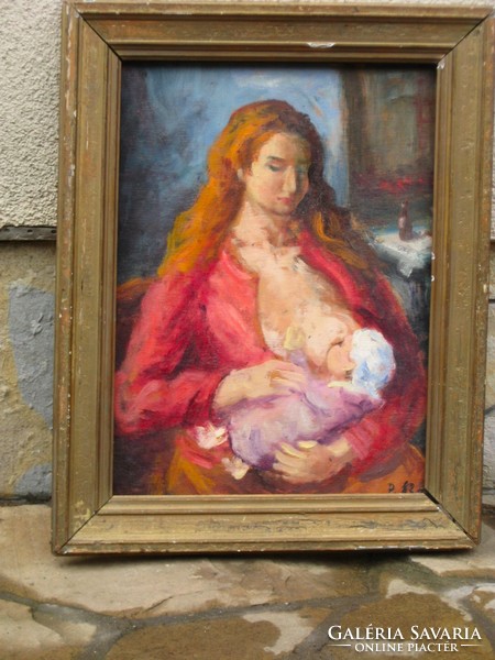 Eladó P. Bak János: Anya kisdejével című olaj, fa festménye