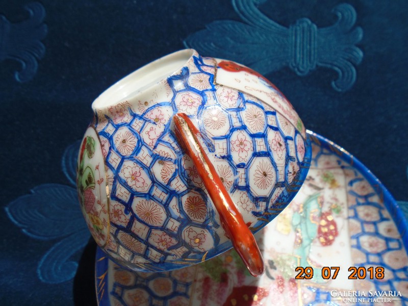 19. Sz kutani with 6 handwritten characters, eggshell tea cup with 4 geisha and beehive flowers, with swastika pattern