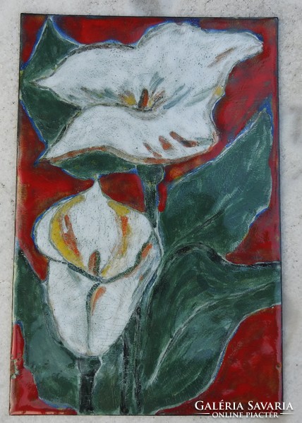Iparművészeti  virágcsendélet  tűzzománc falikép: PÁRBAN