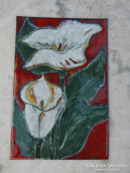 Iparművészeti  virágcsendélet  tűzzománc falikép: PÁRBAN
