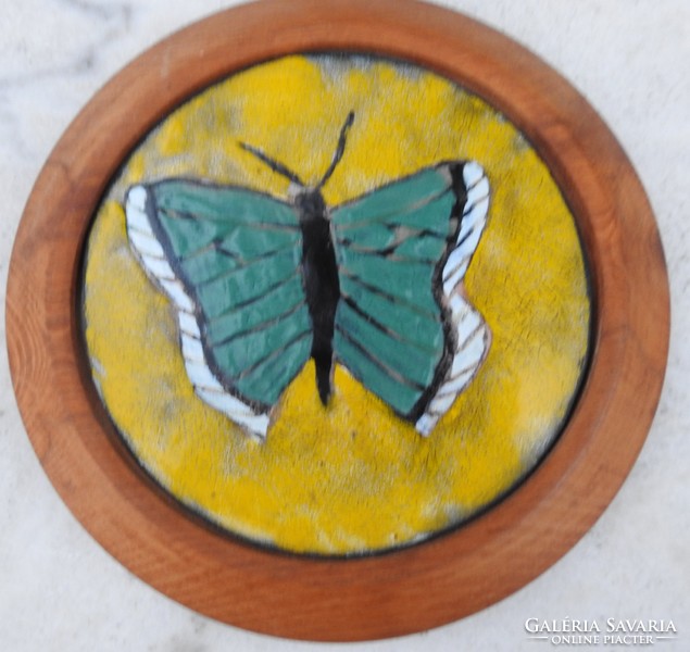 Butterfly - moth in a thick wooden frame - fire enamel picture
