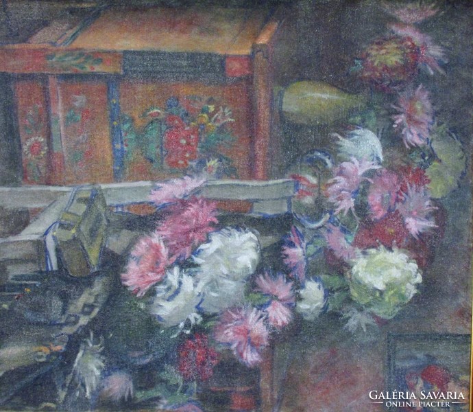 Magyar festő 1930 k. : Csendélet tulipános ládával