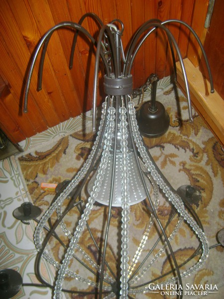 Old wrought iron glass with combined chandelier candlesticks and glass beads
