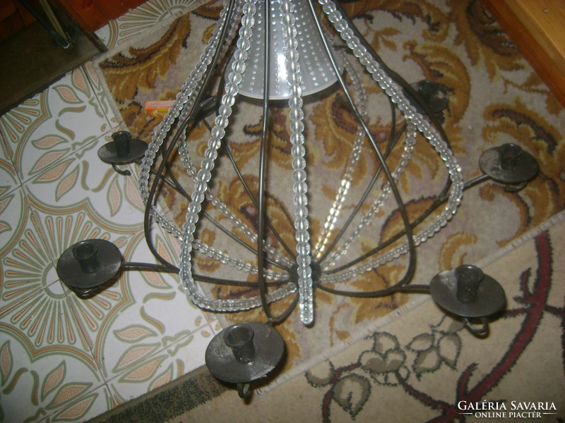 Old wrought iron glass with combined chandelier candlesticks and glass beads