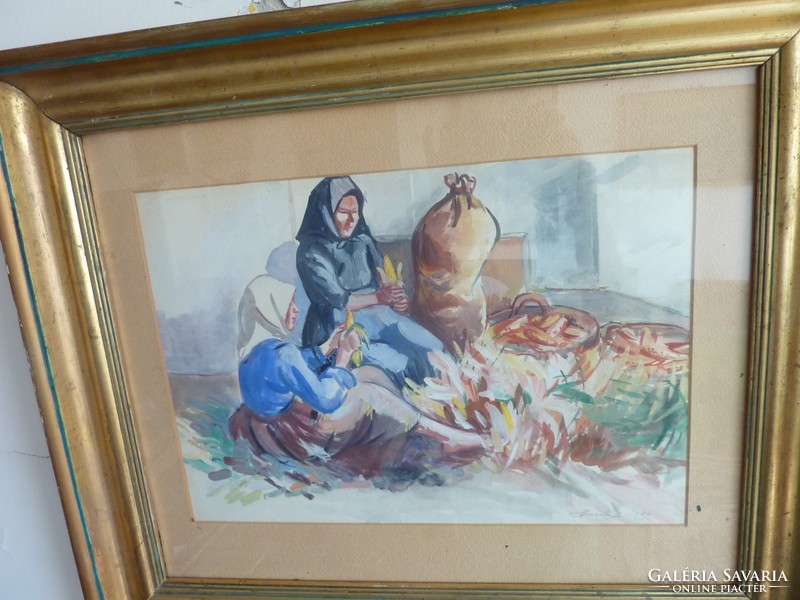 Huszár Vilmos: Kukoricamorzsolók, jelzett akvarell 1944-ből