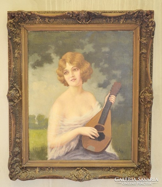 Béla Czene girl with a mandolin Art Nouveau oil painting