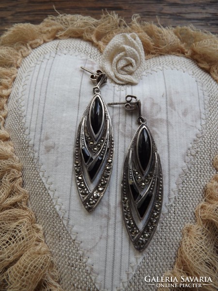 Antique silver earrings with onyx and marcasite stones