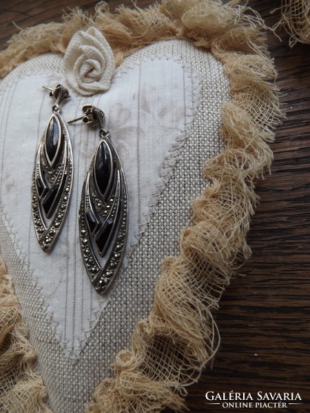 Antique silver earrings with onyx and marcasite stones