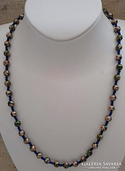 Handmade fire enamel necklace with old, beautiful colors, strung by hand knotting