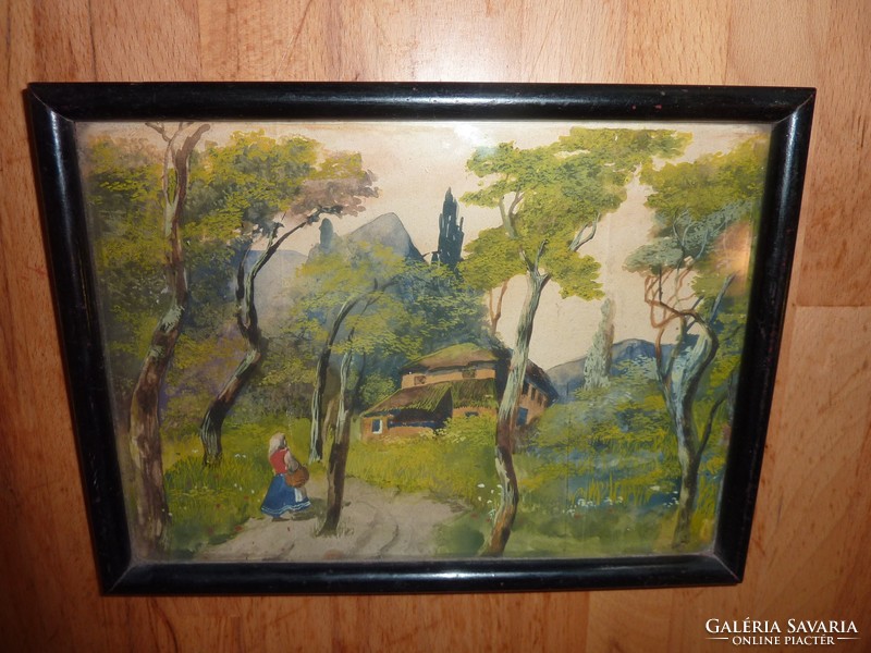 Meseszerű erdei tájkép - patinás akvarell 