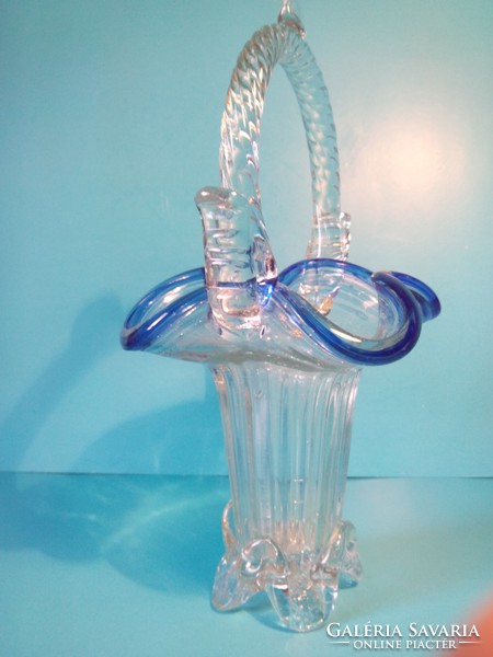Murano glass basket vase with antique blue edge