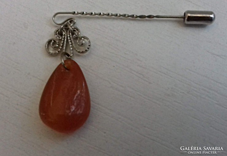 Beautiful old alpaca hat pin studded with real amber pendant