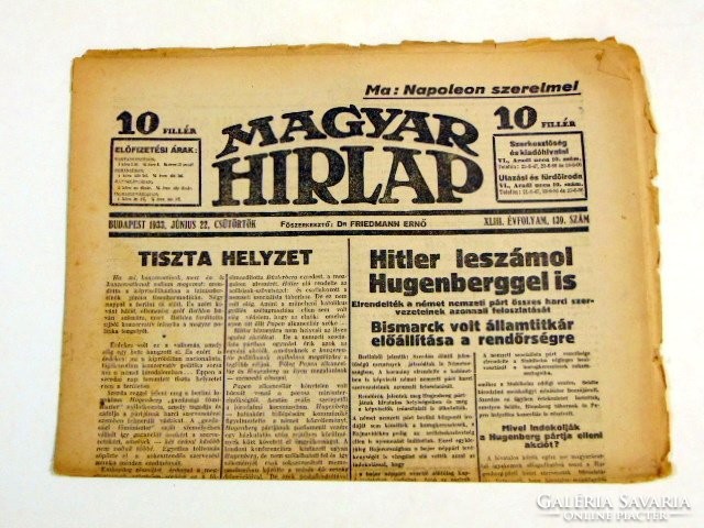 1933 június 22  /  MAGYAR HIRLAP  /  RÉGI EREDETI ÚJSÁG Szs.:  7148