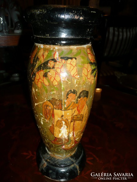 Very old antique wooden hand painted oriental (Japanese?) vase