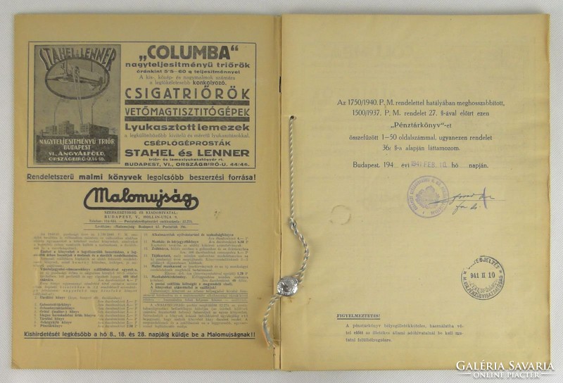 0T222 Malomipari Malomipari Pénztárkönyv 1941