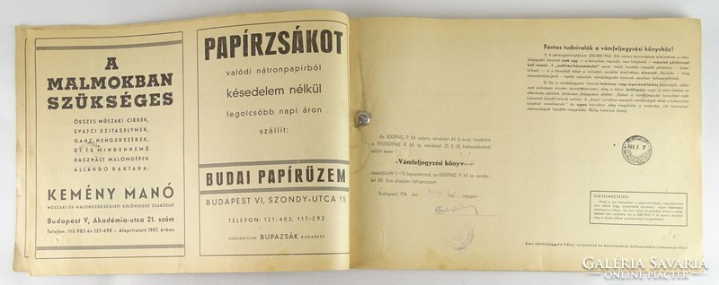 0T226 Malomipari Vámfeljegyzési könyv 1944