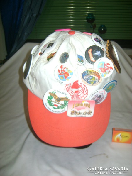 Retro hat with many badges and badges