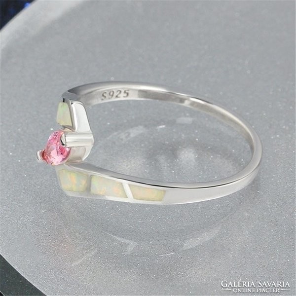 Fehér tűzopál gyűrű rózsaszín kővel  7-es  ÚJ!