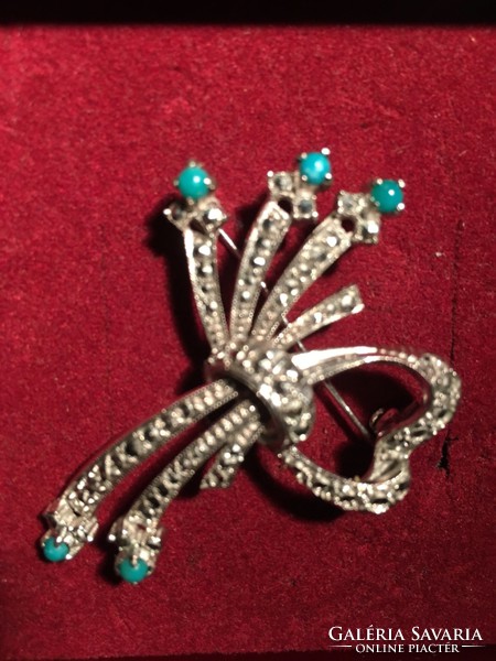 Turquoise and marcasite silver brooch-foe circa 1970s