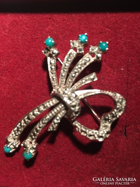 Turquoise and marcasite silver brooch-foe circa 1970s