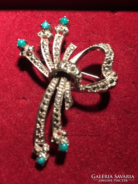 Turquoise and marcasite silver brooch-foe circa 1970s