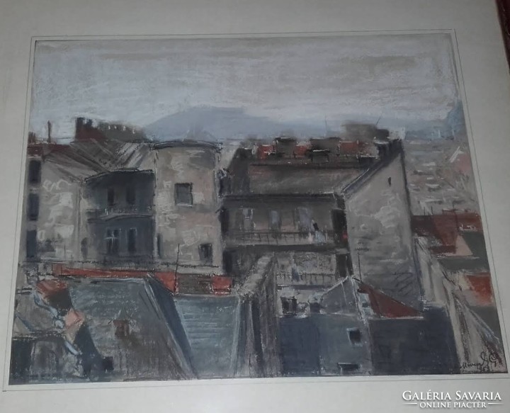 Budapesti házak - Marich Géza Gordon Kanadai magyar festőművész (1913-1985) szignózott kép 1953.