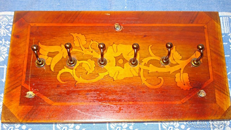 Antique inlaid wood, wall key holder, with copper hooks