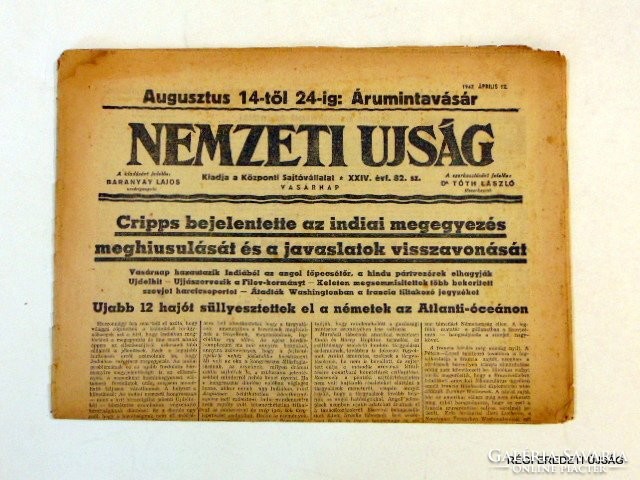 1942 április 12  /  NEMZETI ÚJSÁG  /  SZÜLETÉSNAPRA RÉGI EREDETI ÚJSÁG Szs.:  6830