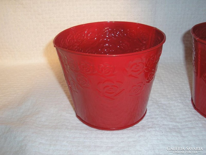 Kaspó - new - 14 x 11 cm - embossed - rose pattern - deep red - metal