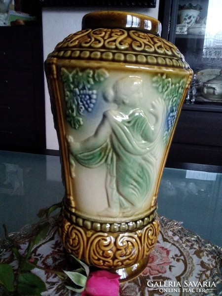 Antique faience vase with three different embossed scenes!