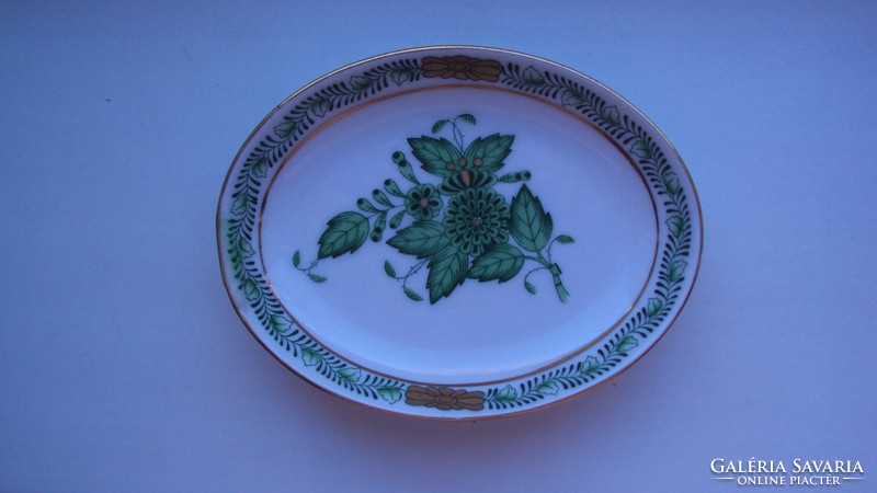Herend, green apponyi patterned ashtray with gold border and 150th anniversary seal.