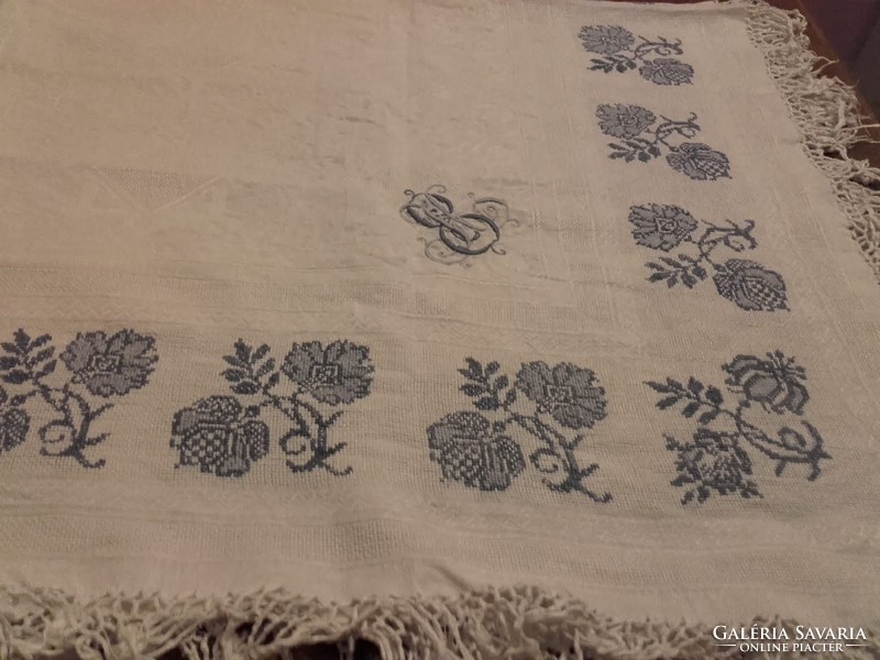 Beautiful antique vintage blue tablecloth decorated with hand-embroidered monogram 126 x 130 cm + fringes