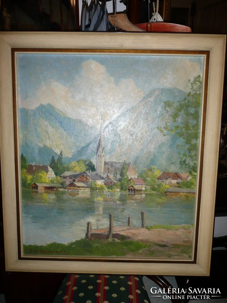Antique large signed oil canvas landscape approx. From the 1930s