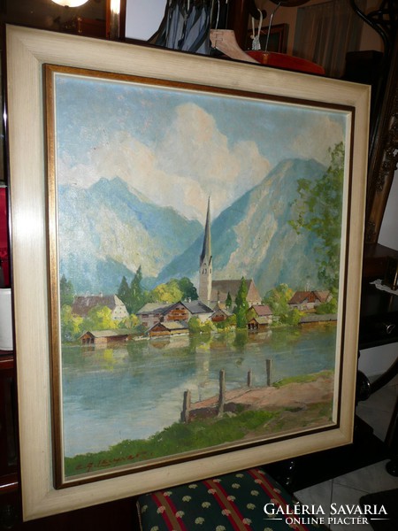 Antique large signed oil canvas landscape approx. From the 1930s