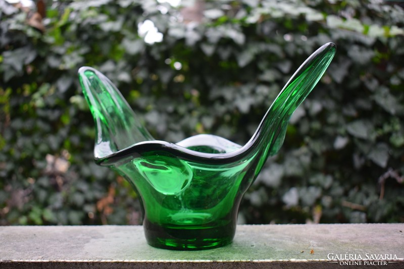 Kézműves kristályüveg asztalközép szép zöld színben
