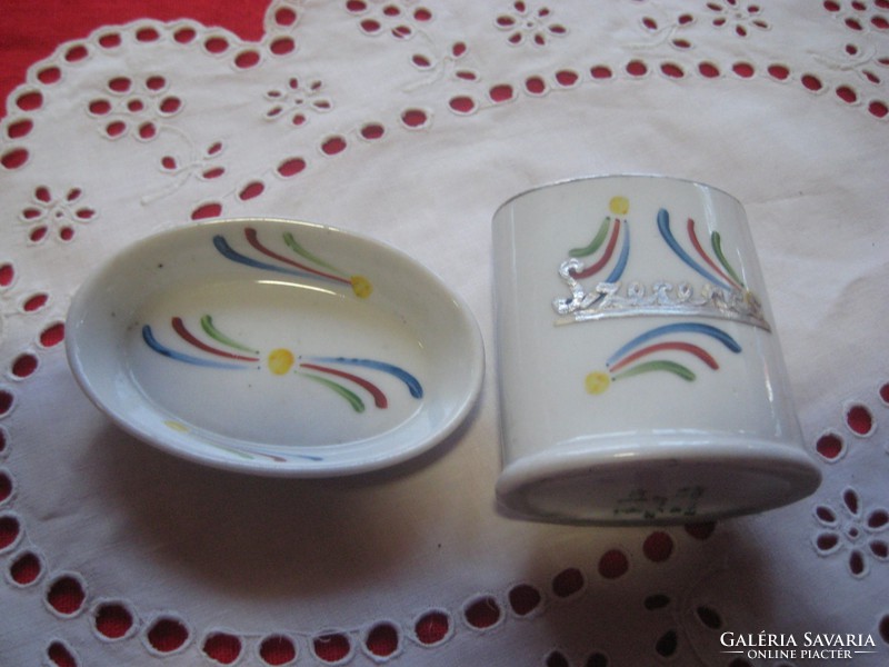 Zsolnay, retro, bowl and holder, with inscription luck, 7 x 5 and 5.5 x 5.5 cm