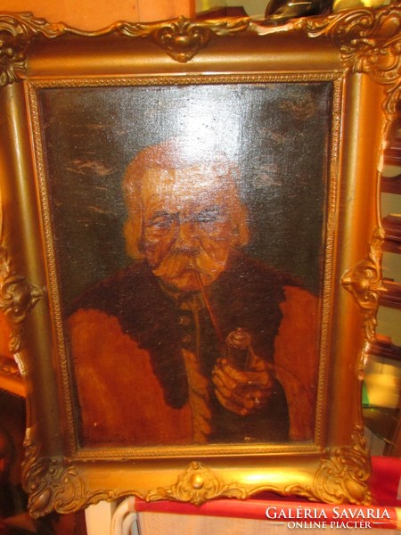 Old man smoking a pipe - oil painting