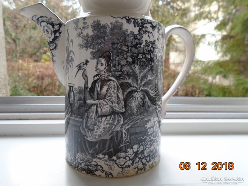 1830 Museum, antique Chinese bowl with a black and white Garden of Eden landscape, ladies with birds, spout