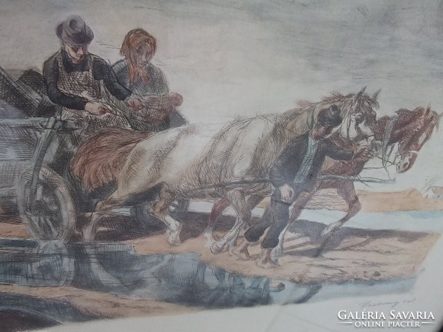 Pál Udvary bp.1900-1987 Bp./ Colored on a horse-drawn carriage, etching mark, 43x53 cm