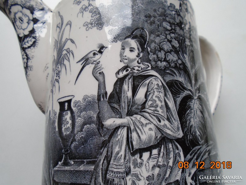 1830 Muzeális, Antik kínaizáló fekete fehér Édenkerti  tájjal, madaras hölgyekkel, kiöntő