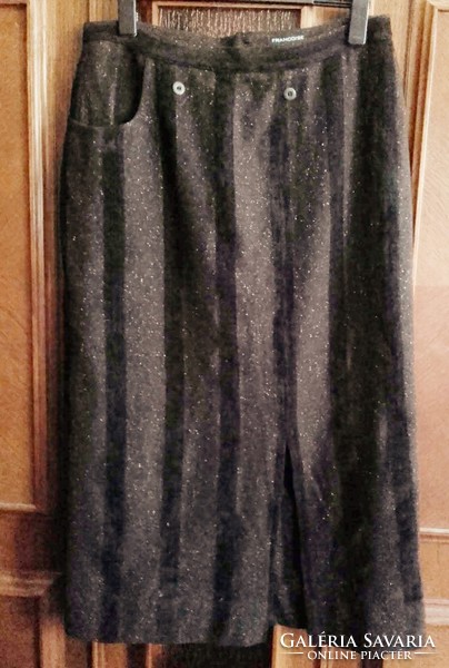 Négerbarna - majdnem fekete csíkos tweed stilusú meleg (48% gyapjú) hosszú téli szoknya