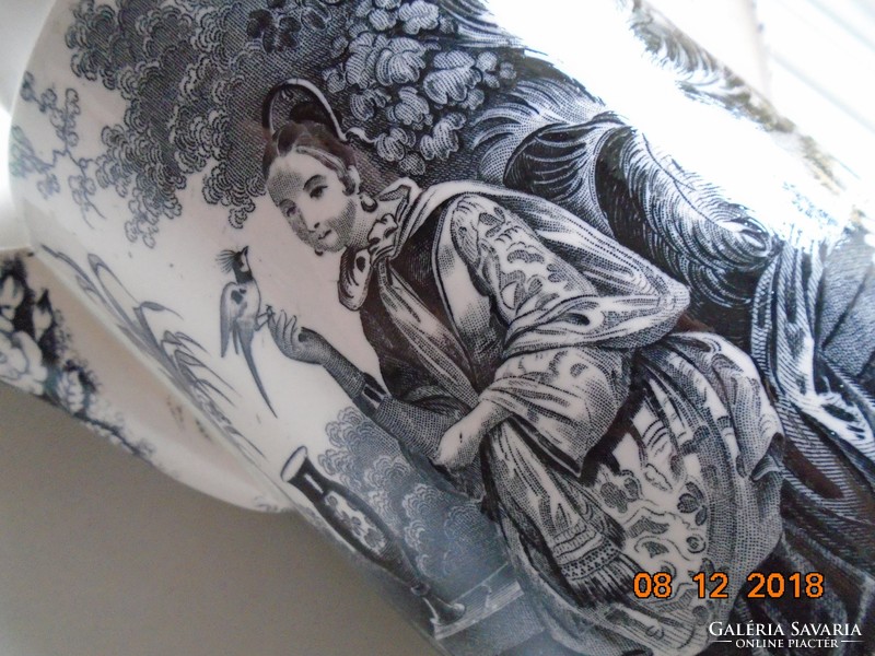 1830 Museum, antique Chinese bowl with a black and white Garden of Eden landscape, ladies with birds, spout