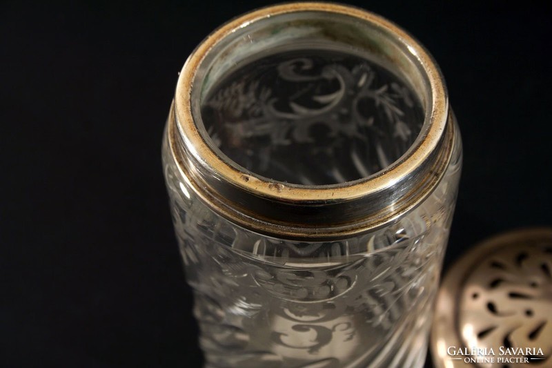 Ezüst Tetejű Csavart Vésett Üveg Cukorszóró 13cm Sószóró Fűszertartó Metszett Kristály 800-as Antik