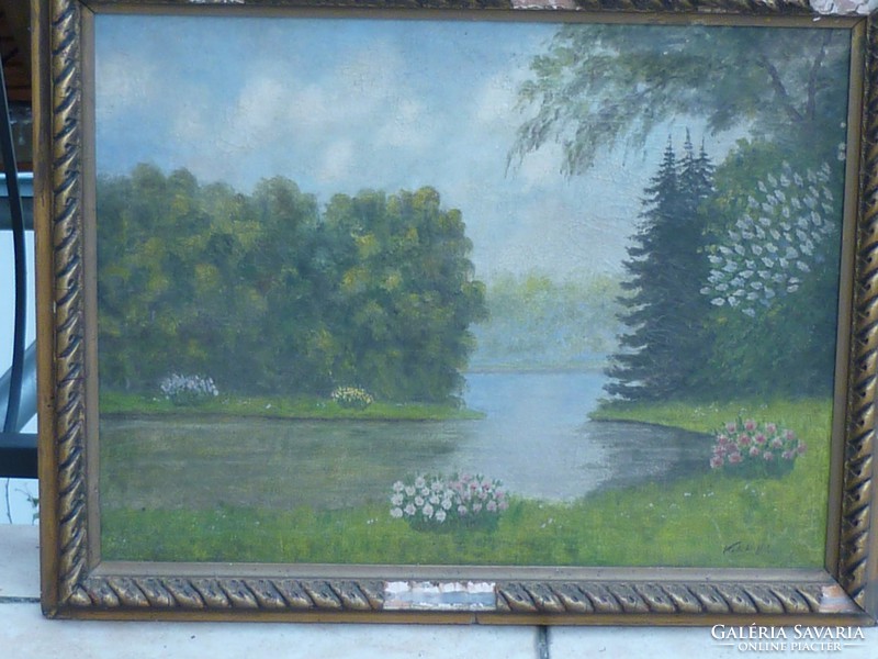 Eladó volt nagybányai tanítvány Kollerich István: Park a tóparton olajvászon festménye